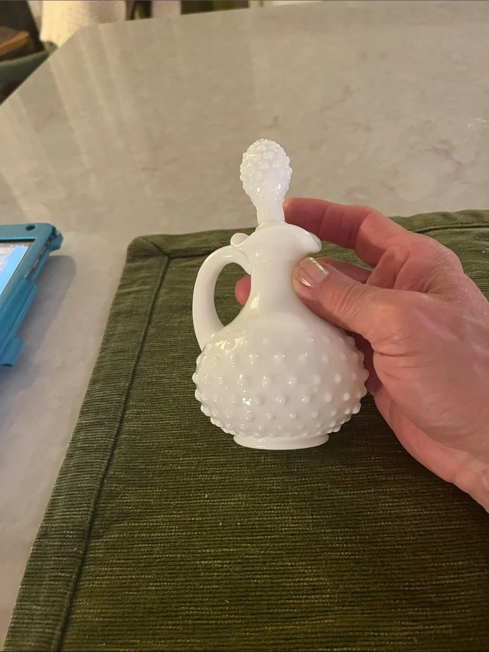 Vintage vanity accessories . Hobnail  bottle and  a trinket Dish w/ ruffled edge